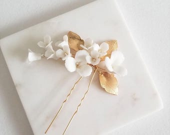 Floral Wedding Hair Pin with Porcelain Flowers, Gold Bridal Hair Accessory