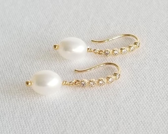Pearl Drop Bridal Earrings Bridal, Freshwater Pearl Earrings For Bride, Minimalist Wedding Jewelry