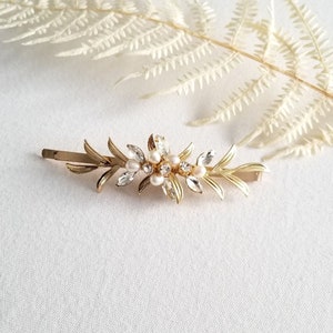 Gold Leaf Wedding Hair Clip with Pearls, Small Wedding Hair Accessory, CZ Bridal Side Hair Clip, CZ Freshwater Pearl Wedding Bobby Pin image 10