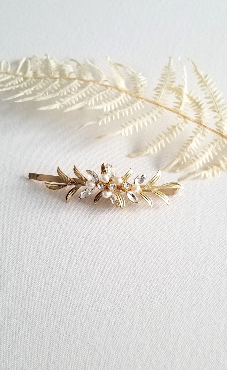 Gold Leaf Wedding Hair Clip with Pearls, Small Wedding Hair Accessory, CZ Bridal Side Hair Clip, CZ Freshwater Pearl Wedding Bobby Pin image 10