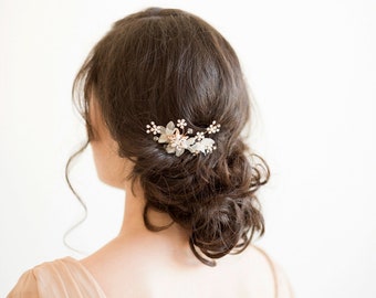 Floral Wedding Hair Pin, Gold Bridal Hair Pin, Silk Flower Hair Pin, Pearl Crystal Hair Pin, Wedding Hair Accessories