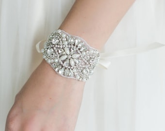 Pearl Wedding Bracelet, Pearl Crystal Cuff with Ribbon Ties