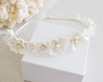 Porcelain Flower Bridal Headband, Floral Wedding Headpiece For Bride,  Pearl Flower Bridal Hair Accessory
