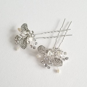 Wedding Hair Pins Crystal with Freshwater Pearls, Silver Floral Bridal Hair Sticks with Pearls image 6