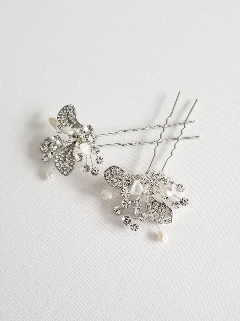 Wedding Hair Pins Crystal with Freshwater Pearls, Silver Floral Bridal Hair Sticks with Pearls image 6