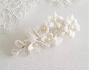 Wedding Hair Clip with Porcelain Flowers, Pearls, Silk Ribbon Barrette