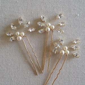 Beautiful crystal hair pins with pearls. Set of three, available in silver, gold or rose gold