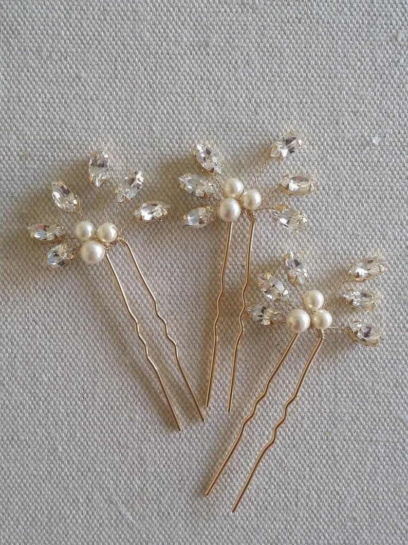 Beautiful crystal hair pins with pearls. Set of three, available in silver, gold or rose gold