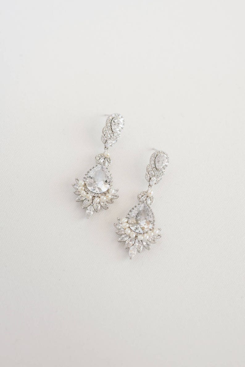 Wedding Earrings Set, Brides Necklace and Earrings, Rose Gold Bridal Earrings, CZ Long Drop Bridal Earrings, Chandelier CZ Earrings image 8