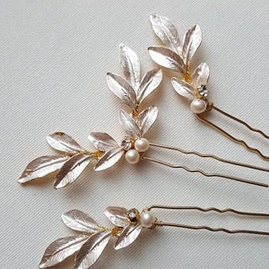 Wedding Hair Pins Gold Leaf, Gold Hair Pins, Bridal Hair Pins, Olive Branch Hair Pins, Silver Leaf Hair Pins image 5