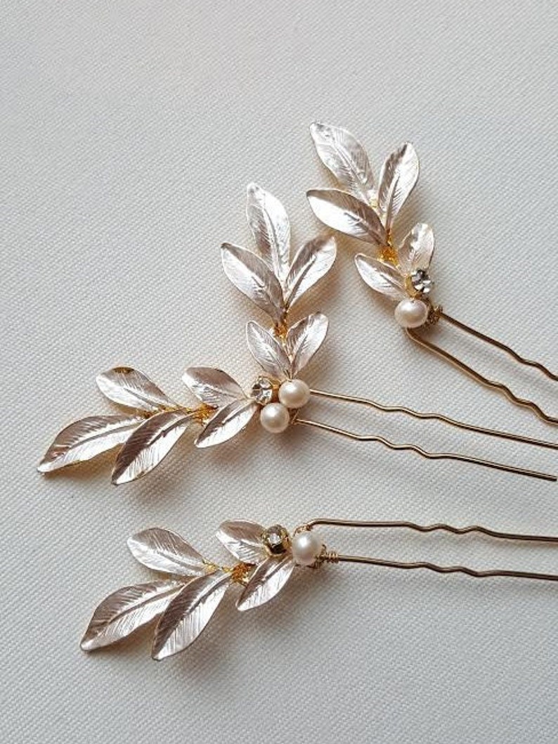 Wedding Hair Pins Gold Leaf, Gold Hair Pins, Bridal Hair Pins, Olive Branch Hair Pins, Silver Leaf Hair Pins image 5
