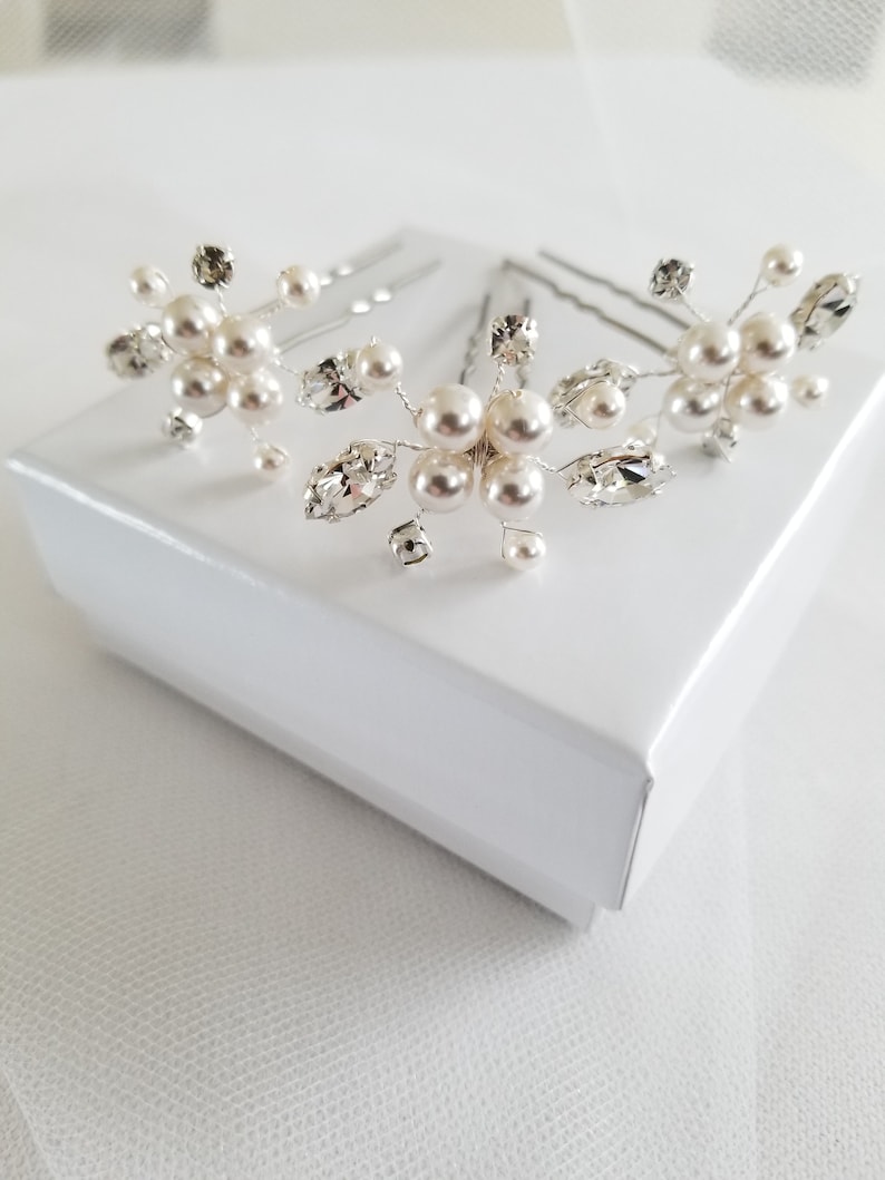 Pearl Bridal Hair Pins, Wedding Hair Pins, Real Freshwater Pearl Hair Pin Set, Crystal Pearl Hair Pin Set For The Bride image 6