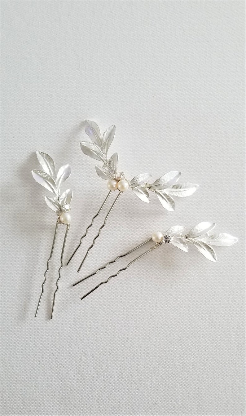 Wedding Hair Pins Gold Leaf, Gold Hair Pins, Bridal Hair Pins, Olive Branch Hair Pins, Silver Leaf Hair Pins image 6