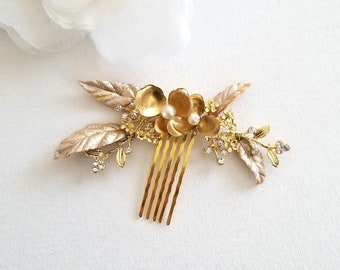 Gold Wedding Hair Comb With Polymer Clay Leaves, Brass Flowers, Freshwater Pearls and Rhinestones