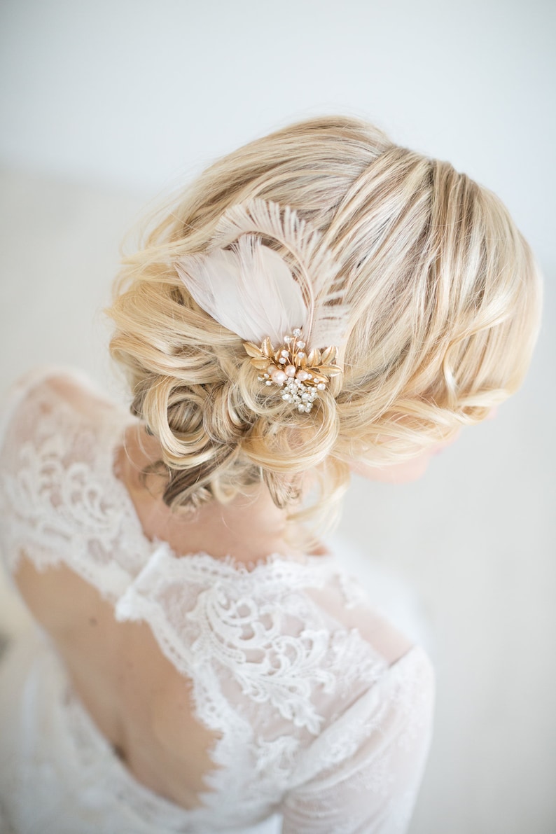 Bridal Gold Blush Pink Feather Headpiece, Champagne Wedding Feather Fascinator, Wedding Feather Hairpiece image 8