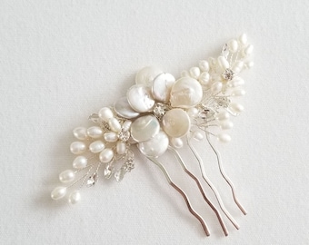 Freshwater Pearl Wedding Hair Comb, Pearl Crystal Bridal Hair Comb, Real Pearl Hair Comb for Bride