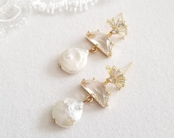 Pearl Drop Cubic Zirconia Bridal Earrings, Freshwater Pearl Earrings For Bride, Art Deco Drop Pearl Wedding Earrings