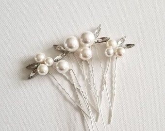 Pearl Wedding Hair Pins, Crystal Bridal Hair Pins, Large White Pearl Bridal Hair pins, Modern Pearl Hair Pins for the Bride