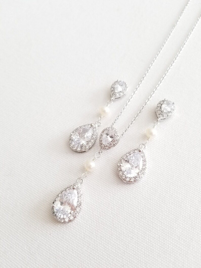 CZ Bridal Earrings Wedding Jewelry Bridal Necklace /& Earrings Pearl Bridal Jewelry Set