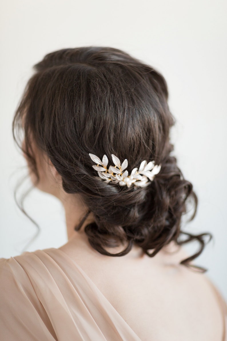 Gold Leaf Hair Comb, Bridal Hair Comb, Gold Wedding Headpiece, Silver Pearl Hair Comb, Olive Branch Hair Comb image 3