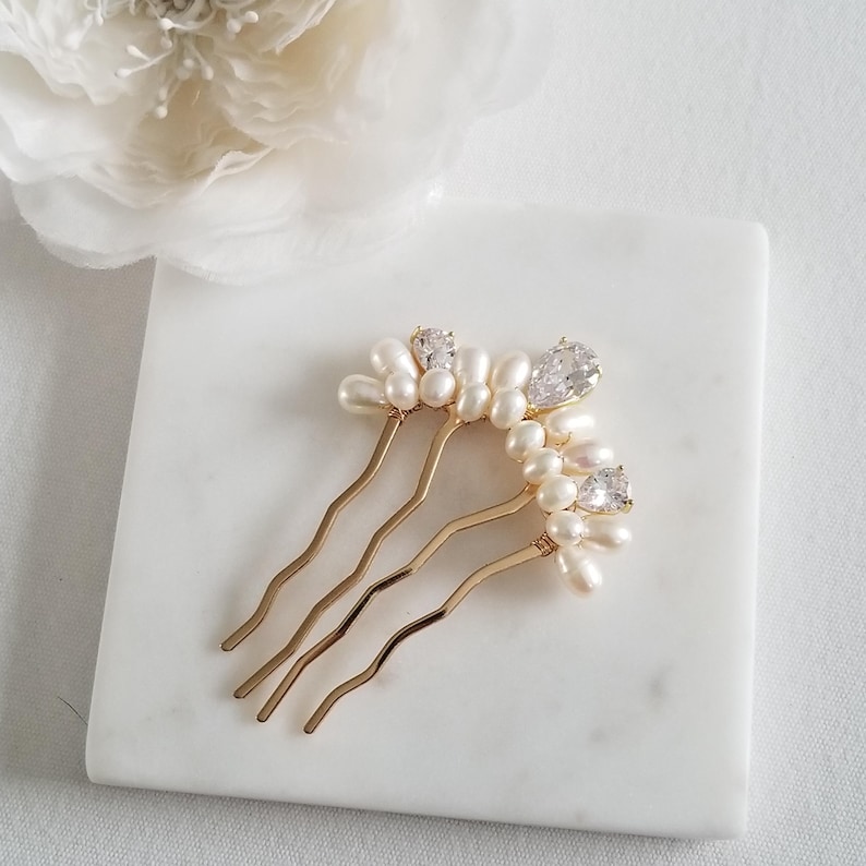 Peineta pequeña para el cabello de novia, perla de agua dulce, accesorio para el cabello de circonita cúbica para la novia imagen 10