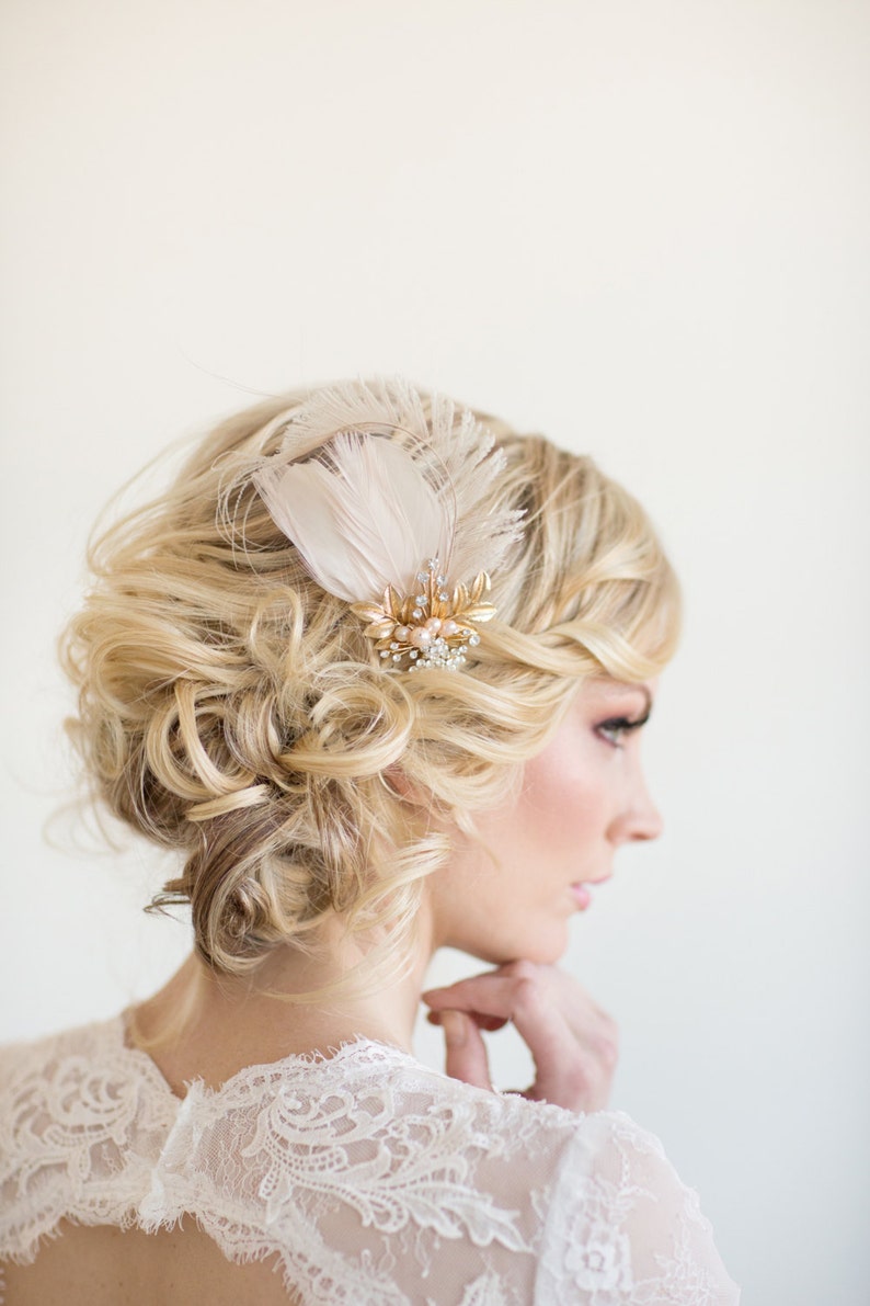 Bridal Gold Blush Pink Feather Headpiece, Champagne Wedding Feather Fascinator, Wedding Feather Hairpiece image 3