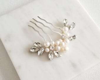 Small Wedding Side Hair Comb, Cultured Freshwater Pearls, Crystal Rhinestones, Four Tooth Comb
