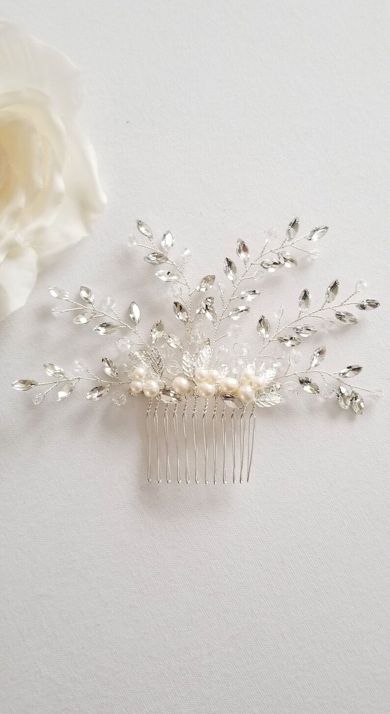 Bridal Hair Comb Freshwater Pearl, Gold Crystal Wedding Hair Comb, Silver Crystal Hair Comb, Wedding Headpiece, Gold Leaf Hairpiece image 10