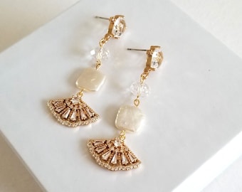Art Deco Freshwater Pearl Wedding Earrings, Long Gold Statement Bridal Earrings