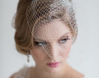 Birdcage Veil with Cubic Zirconia Comb, Bridal Birdcage Veil with Rhinestone Edge, Beaded Birdcage Veil For Bride