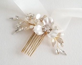 Floral Gold Bridal Hair Comb, Crystal Brass Flower Pearl Wedding Headpiece