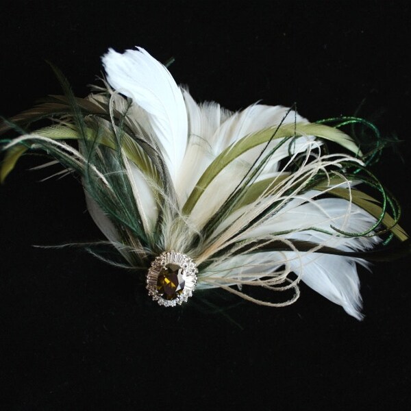 Bridal Feather Fascinator, Wedding Hair Accessory, Ivory and Green Fascinator, Feather Hair Clip