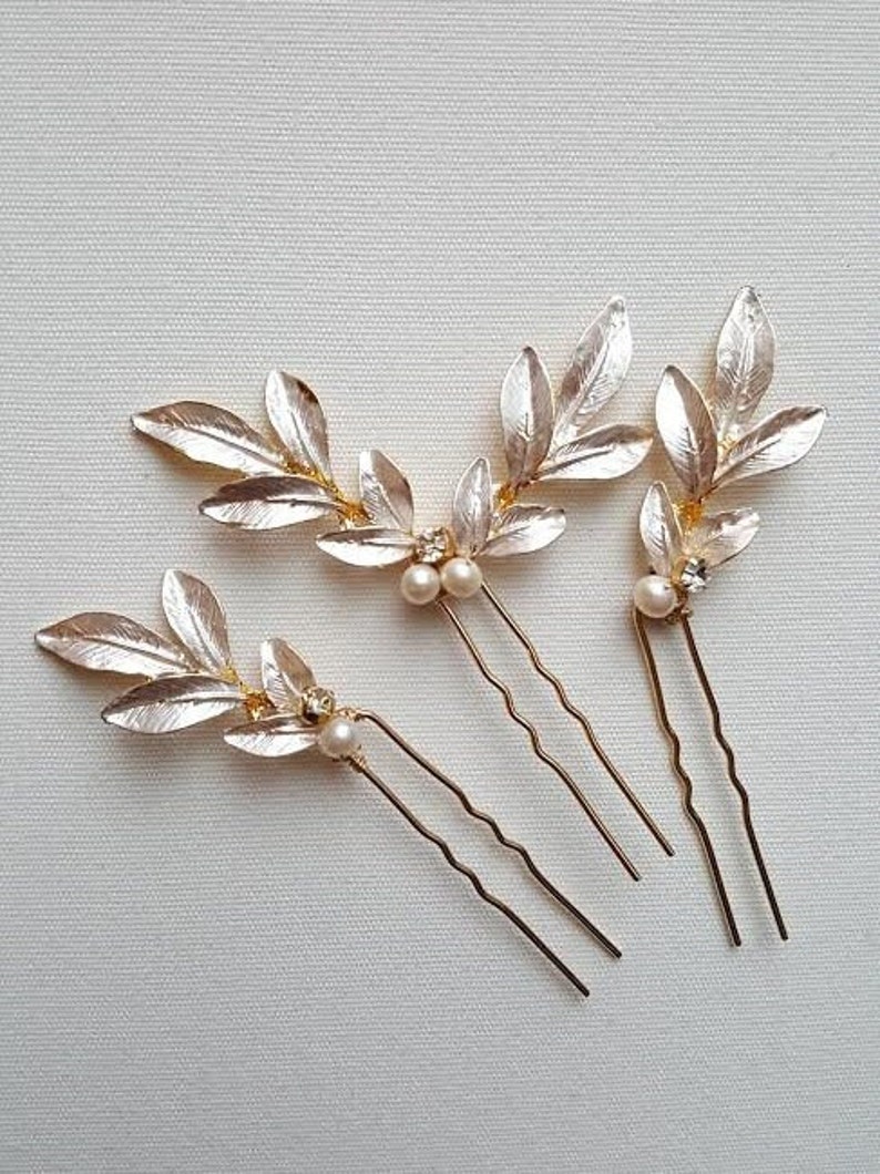 Wedding Hair Pins Gold Leaf, Gold Hair Pins, Bridal Hair Pins, Olive Branch Hair Pins, Silver Leaf Hair Pins image 3