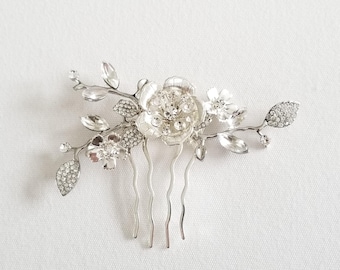 Silver Bridal Hair Comb with Crystals, Floral Design Wedding Hair Accessory