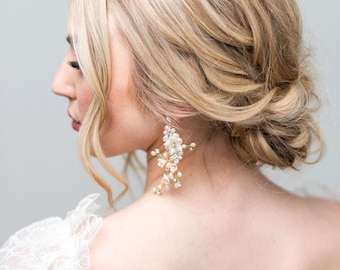 Long Freshwater Pearl Wedding Earrings, Polymer Clay Flowers And Rhinestones