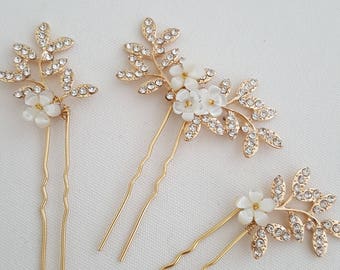 Wedding Hair Pins Gold Floral, Rose Gold Floral Bridal Hair Pins, Silver Crystal Flower Hair Pins For The Bride