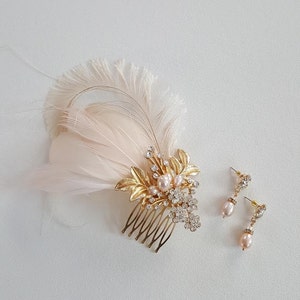 Bridal Gold Blush Pink Feather Headpiece, Champagne Wedding Feather Fascinator, Wedding Feather Hairpiece image 4