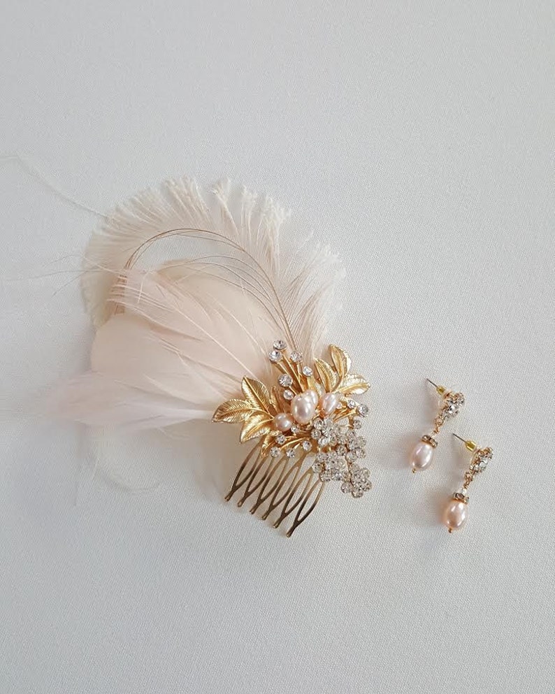 Bridal Gold Blush Pink Feather Headpiece, Champagne Wedding Feather Fascinator, Wedding Feather Hairpiece image 4