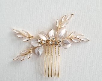Gold Leaf Crystal Bridal Hair Comb, Wedding Headpiece With Crystals For Bride