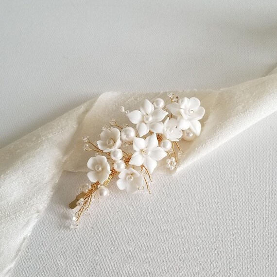 Floral Wedding Hair Clip With Porcelain Flowers, Pearls and  display picture 1