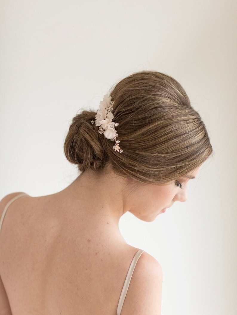 Peine de pelo nupcial, tocado de boda, peine de pelo de cristal floral, peine de boda rosa rubor dorado, postizo floral nupcial imagen 3