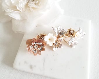 Gold Floral Wedding Hair Clip for Bride, Polymer Clay Flower, Crystal Headpiece