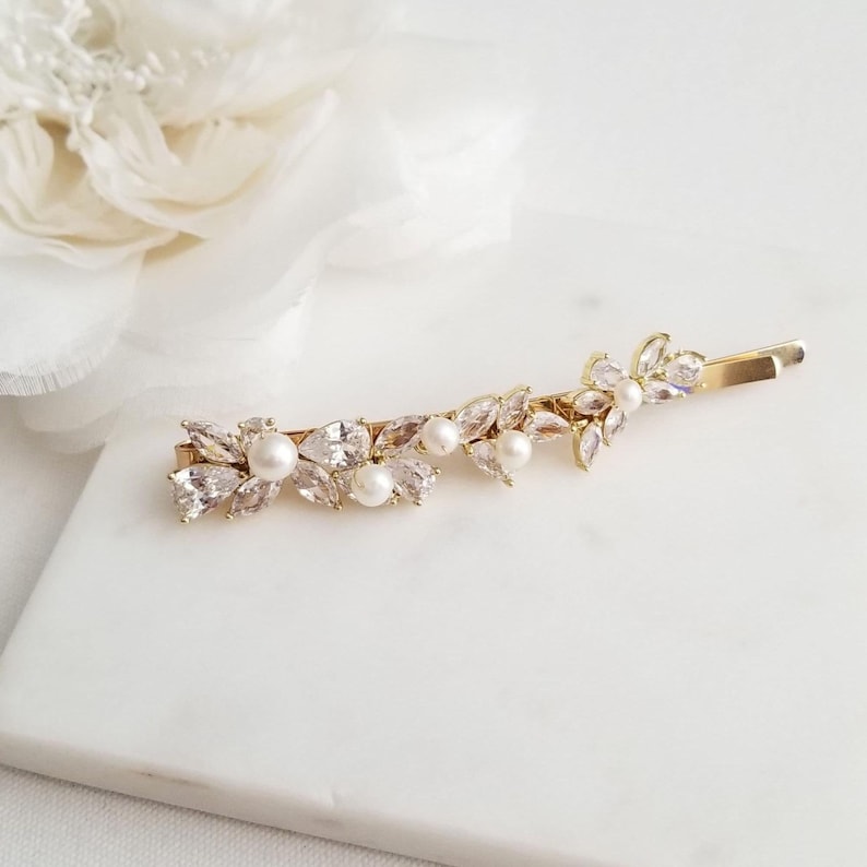 Freshwater pearl and cubic zirconia bobby pin for bride. Silver, Gold or Rose Gold hair pin.