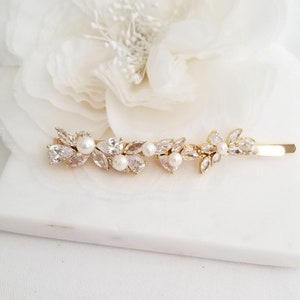 Wedding Hair Clip with Pearls, Wedding Hair Accessory, CZ Bridal Hair Clip, CZ Freshwater Pearl Wedding Bobby Pin image 4