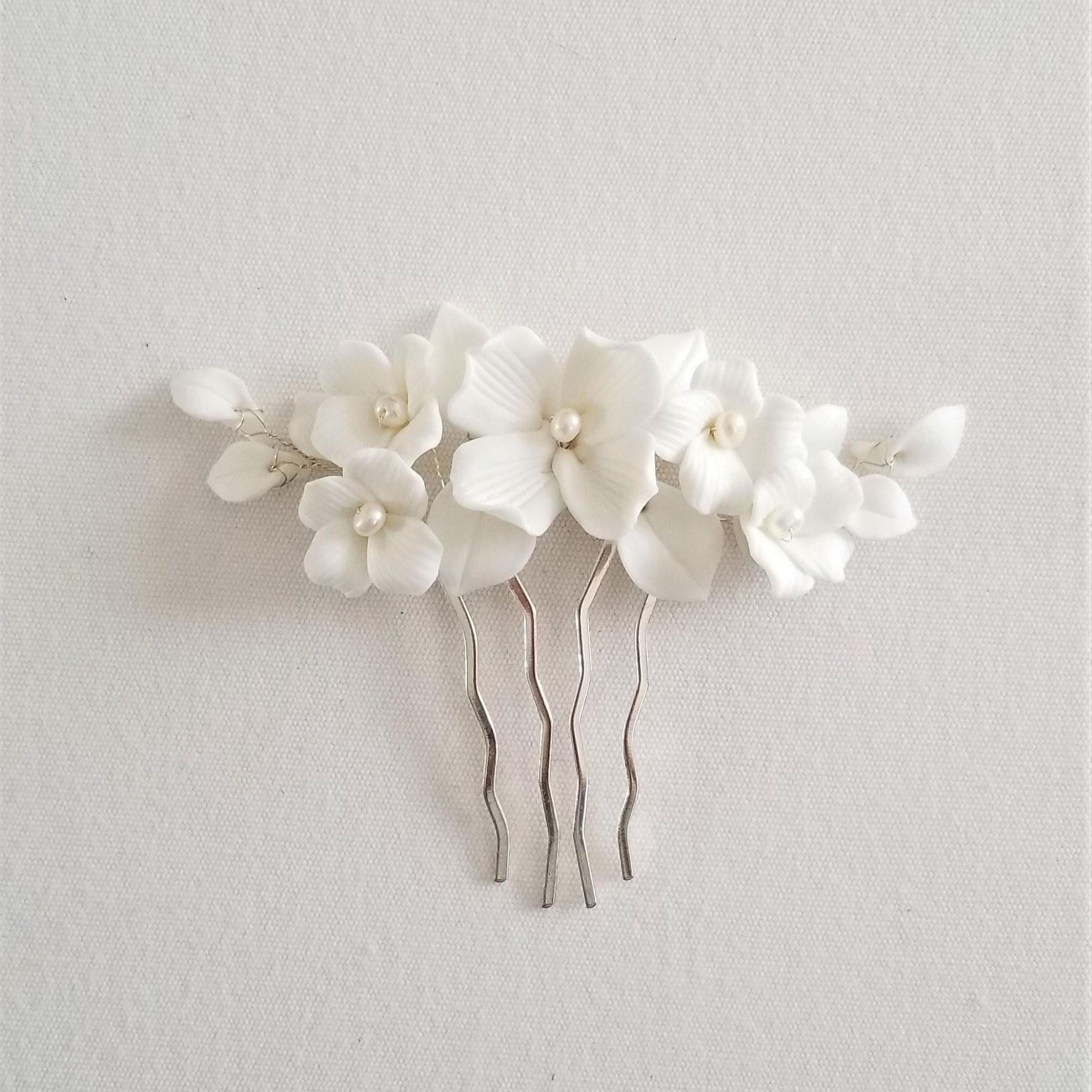 White Wedding Hair Comb for Bride with Porcelain Flowers & Freshwater Pearls