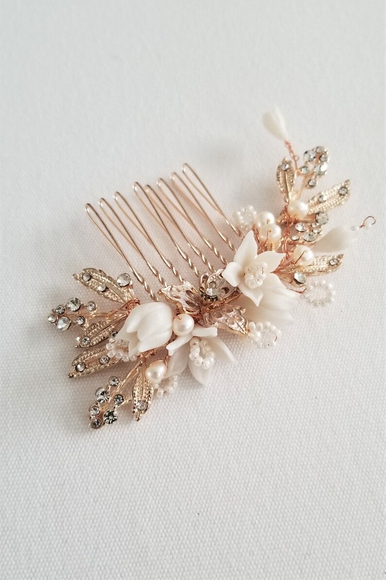 Rose Gold Wedding Hair Comb Porcelain Flowers Crystal Clay Flower Bridal Hair Comb Rose Gold Floral Wedding Hair Comb