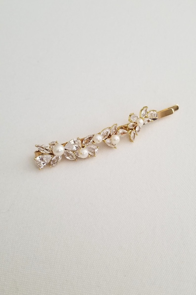 Wedding Hair Clip with Pearls, Wedding Hair Accessory, CZ Bridal Hair Clip, CZ Freshwater Pearl Wedding Bobby Pin image 5