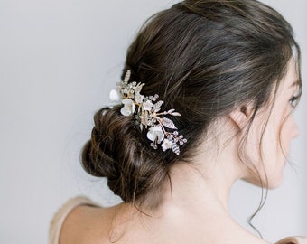 Gold Wedding Hair Comb Porcelain Flowers, Gold Floral Wedding Hair Comb, Crystal Clay Flower Bridal Hair Comb