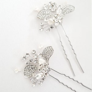 Wedding Hair Pins Crystal with Freshwater Pearls, Silver Floral Bridal Hair Sticks with Pearls image 9