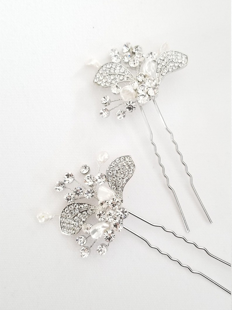 Épingles à cheveux de mariage en cristal et perles d'eau douce, Épingles à cheveux de mariée florales argentées avec perles image 9